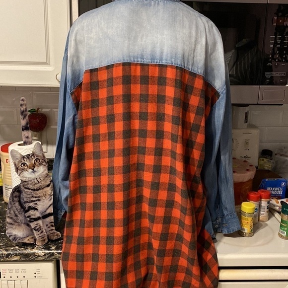L GeeGee casual long sleeve button front plus size denim/plaid  shirt 3X - Picture 2 of 3